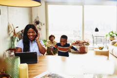 woman working at home with children