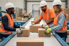 Three warehouse workers wearing hard hats and orange high-vis vests sorting boxes on a conveyor belt in a distribution centre.