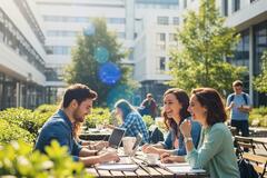 people sitting outside working and talking in a garden area