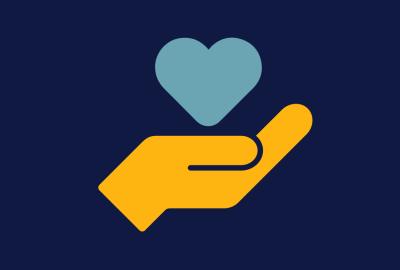 yellow hand and teal heart on navy