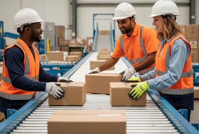 Three warehouse workers wearing hard hats and orange high-vis vests sorting boxes on a conveyor belt in a distribution centre.