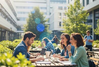 people sitting outside working and talking in a garden area