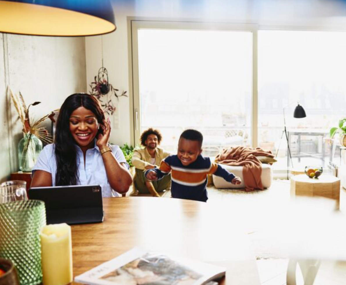 woman working at home with children