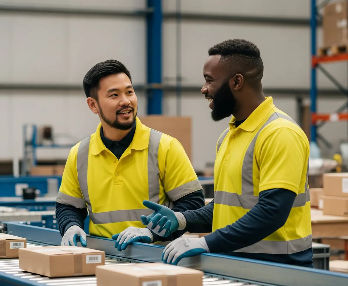 Two warehouse workers in yellow high-vis uniforms talking by a conveyor belt, sorting parcels in a distribution centre.