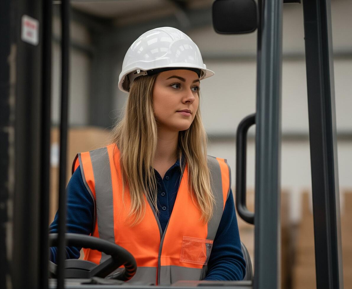 Warehouse worker in orange high-vis vest and hard hat operating a forklift in a distribution centre.