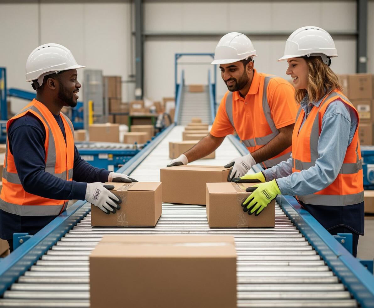Three warehouse workers wearing hard hats and orange high-vis vests sorting boxes on a conveyor belt in a distribution centre.