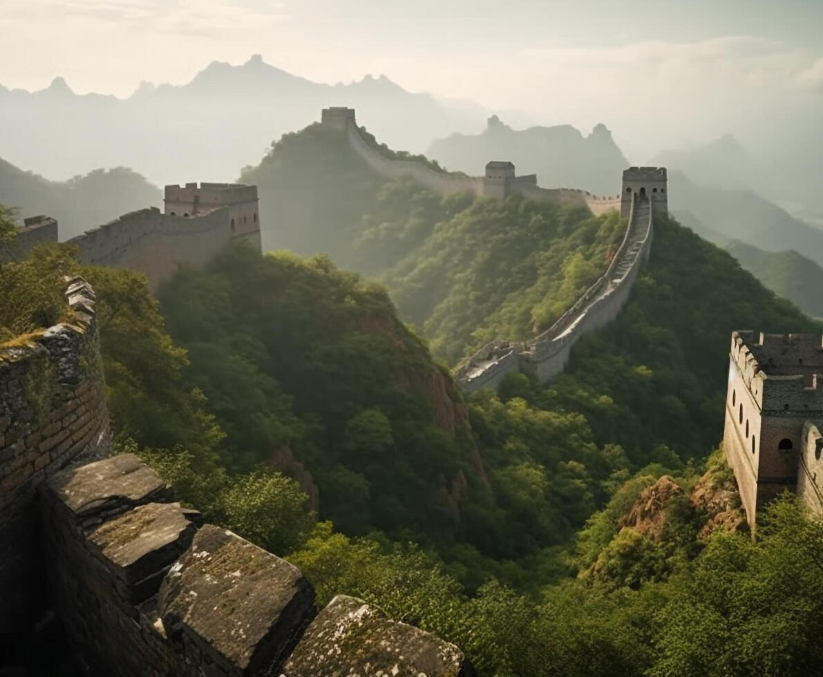 Great Wall of China, with clouds in the sky.