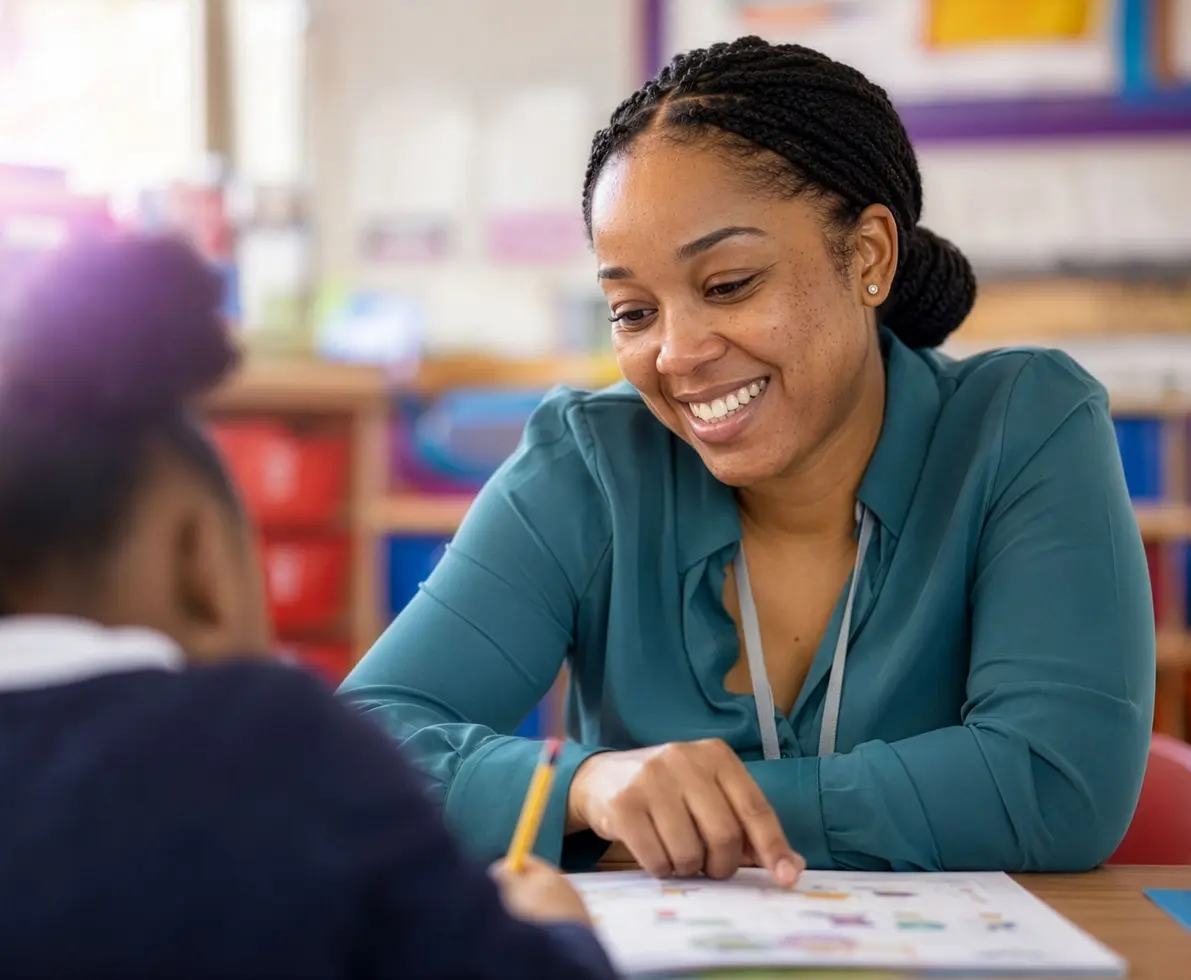 a picture of a teacher sitting opposite a pupil while she works