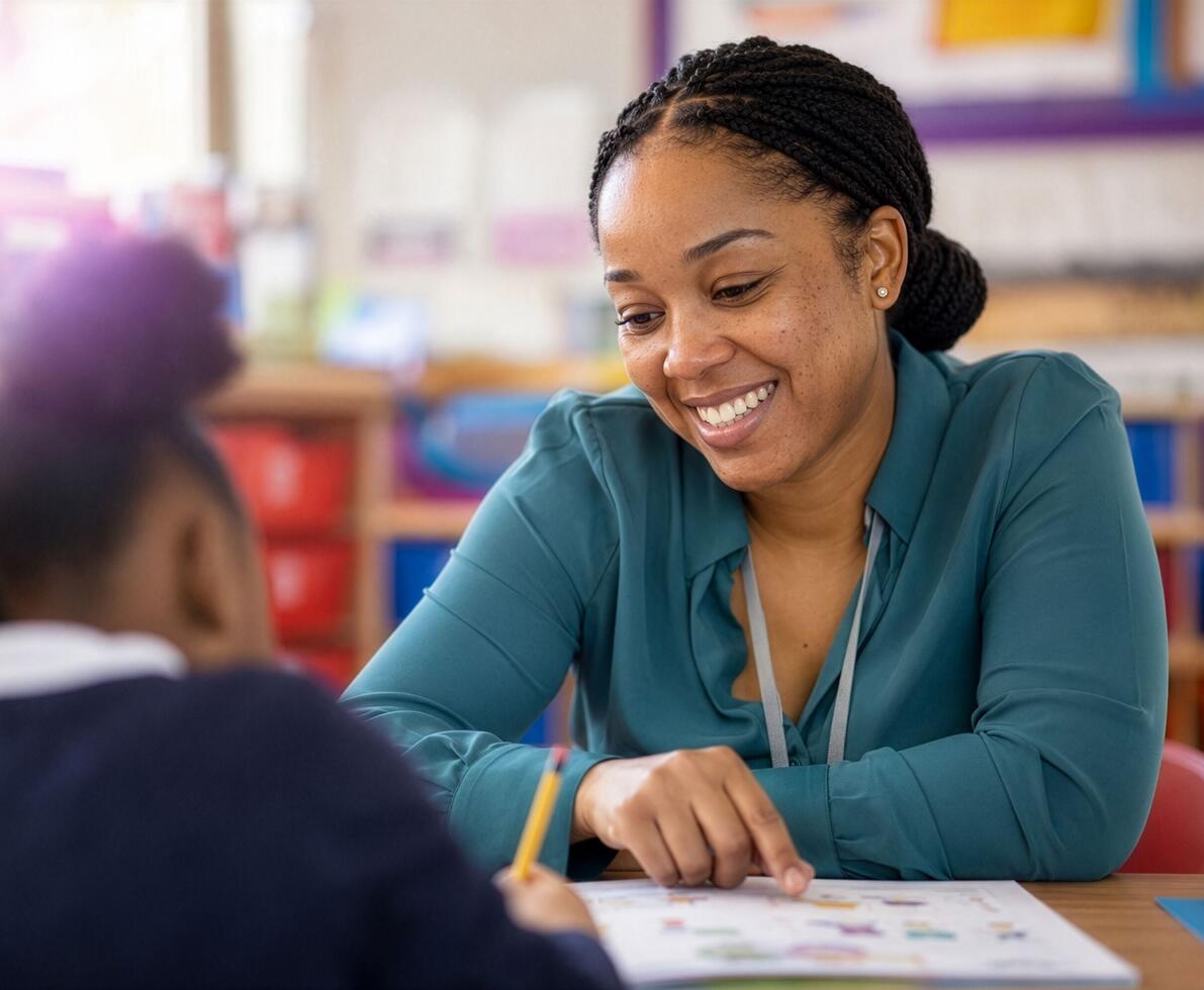 a picture of a teacher sitting opposite a pupil while she works