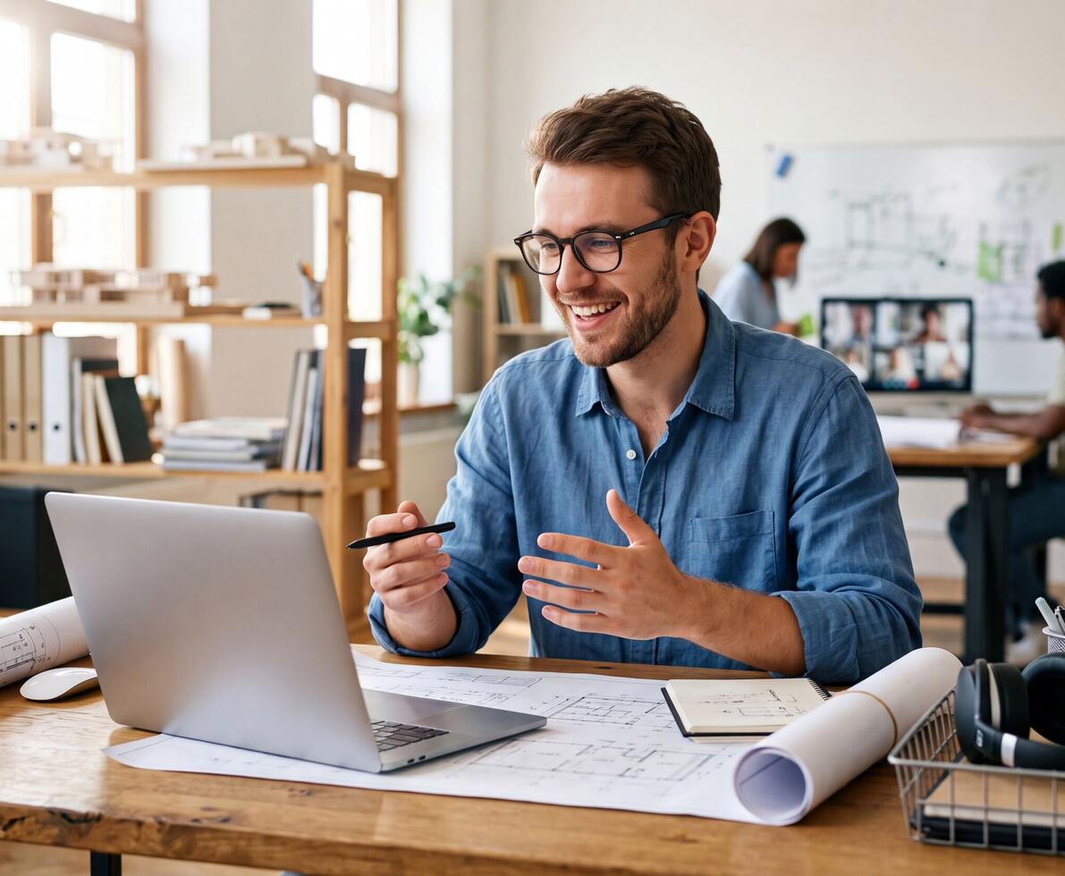 Male Engineer video call laptop