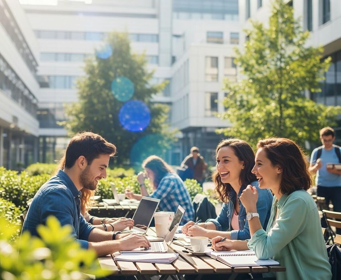 people sitting outside working and talking in a garden area