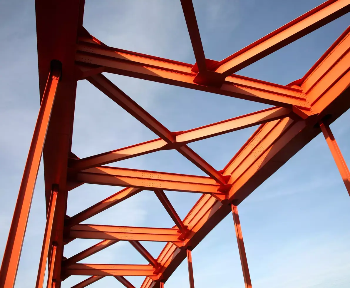 Looking at the details of this orange bridge.