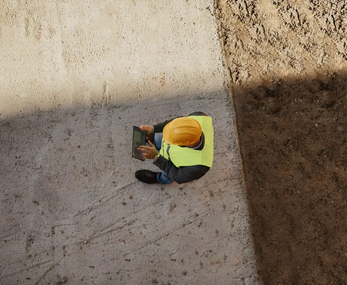 Bird view of a construction worker on tablet device outdoors.